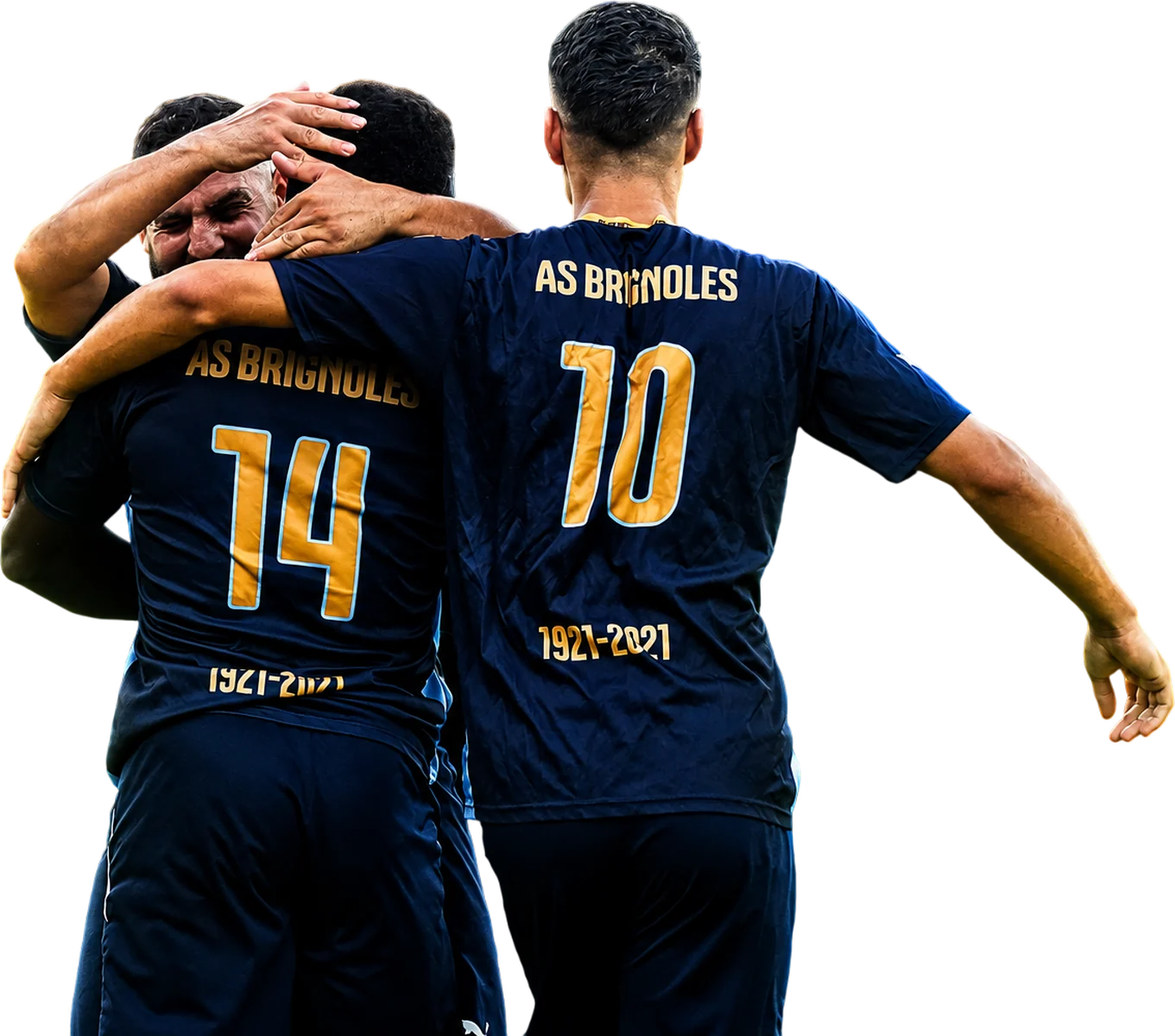 Deux joueurs de l'AS Brignoles s'enlacent pour célébrer un but, maillots floqués 14 et 10